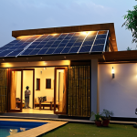 **Prompt:** A modern, eco-friendly home in Pakistan with solar panels on the roof and a rainwater harvesting system visible. The house is built with bamboo and recycled materials, showcasing a blend of traditional Urdu architectural elements with smart home technology like smart lights visible through the windows. A family is enjoying the evening in the garden.