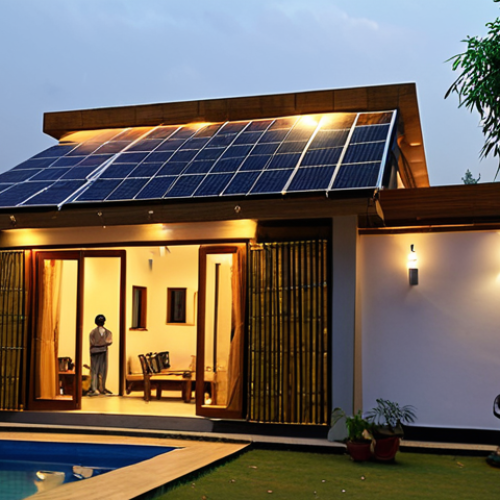 Home 11 **Prompt:** A modern, eco-friendly home in Pakistan with solar panels on the roof and a rainwater harvesting system visible. The house is built with bamboo and recycled materials, showcasing a blend of traditional Urdu architectural elements with smart home technology like smart lights visible through the windows. A family is enjoying the evening in the garden.