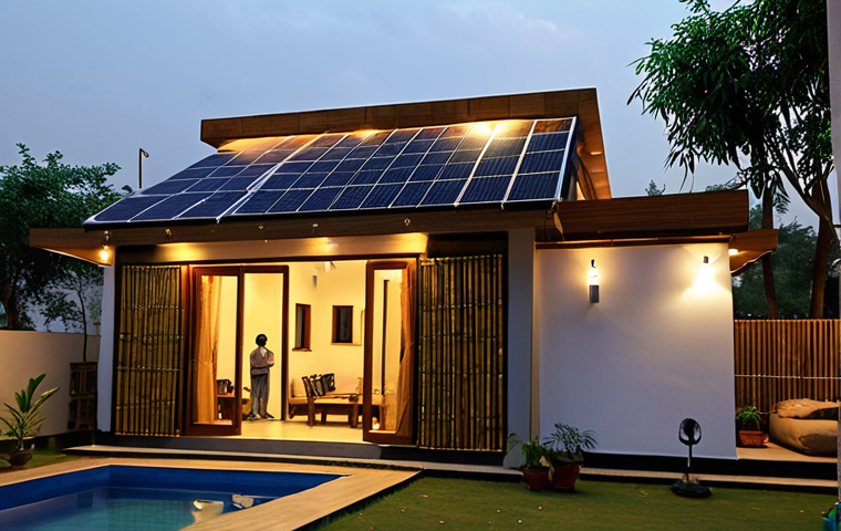 **Prompt:** A modern, eco-friendly home in Pakistan with solar panels on the roof and a rainwater harvesting system visible. The house is built with bamboo and recycled materials, showcasing a blend of traditional Urdu architectural elements with smart home technology like smart lights visible through the windows. A family is enjoying the evening in the garden.