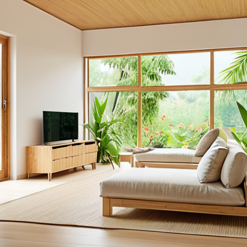 Home 6 **A bright, airy, modern home interior with large windows showcasing a lush garden. The interior features light-colored walls, minimalist furniture, and visible sustainable materials like bamboo accents. Incorporate smart home technology subtly. The scene evokes a sense of tranquility and connection with nature.**