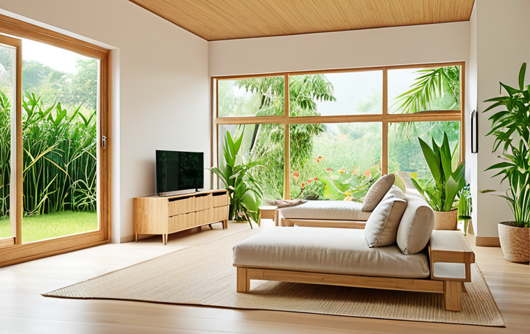 **A bright, airy, modern home interior with large windows showcasing a lush garden. The interior features light-colored walls, minimalist furniture, and visible sustainable materials like bamboo accents. Incorporate smart home technology subtly. The scene evokes a sense of tranquility and connection with nature.**