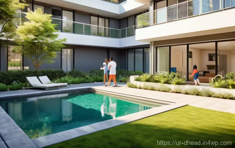 미래 주거 형태와 직주근접의 중요성 - **Prompt 1: Urban Community and Modern Amenities**
A vibrant, sunlit scene showcasing a diverse ...