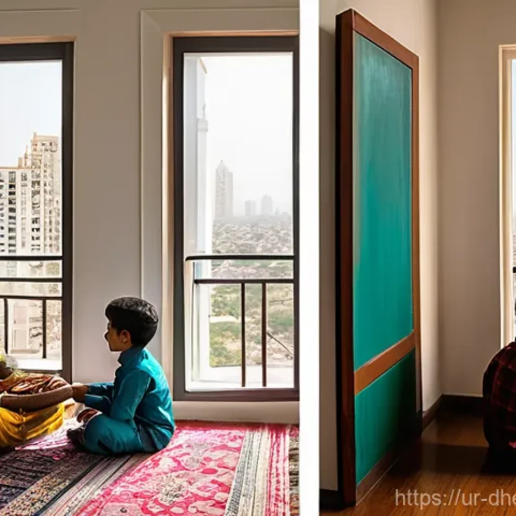 주거 형태의 변화가 환경에 미치는 영향 - **Prompt:** A dynamic diptych (two-panel image) contrasting traditional Pakistani home life with mod...