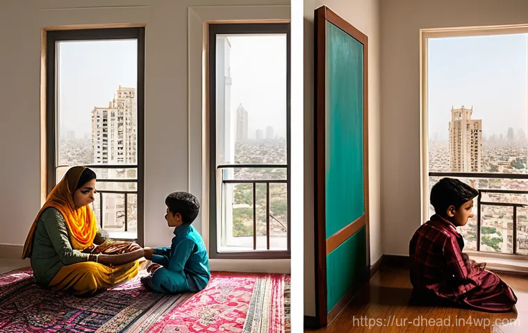 주거 형태의 변화가 환경에 미치는 영향 - **Prompt:** A dynamic diptych (two-panel image) contrasting traditional Pakistani home life with mod...