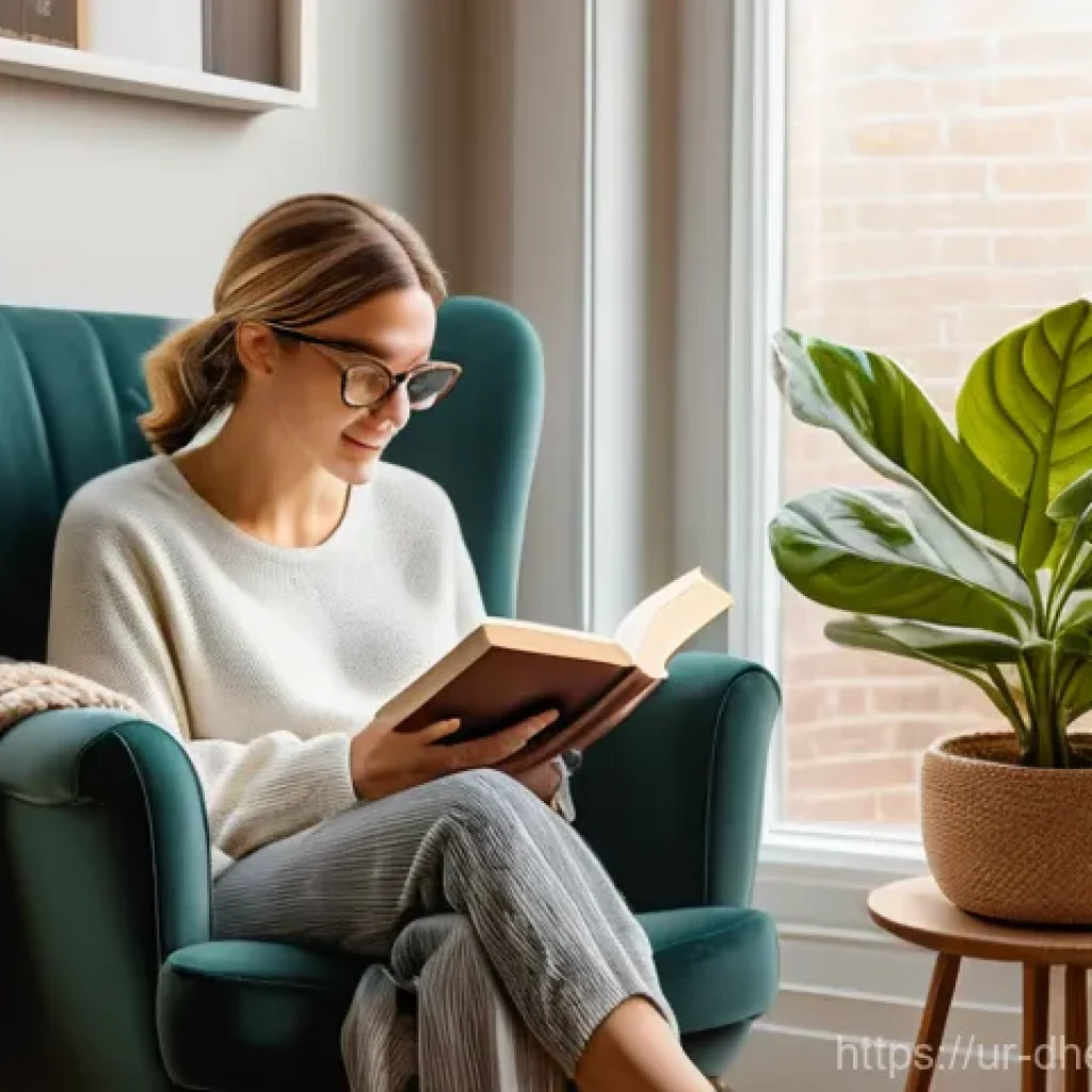 주거 형태에서의 인간 중심 디자인 - A cozy, sun-drenched reading nook in a modern, personalized home. A woman in her late 20s, fully clo...