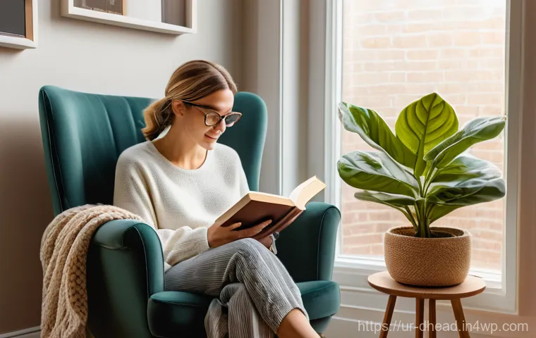 주거 형태에서의 인간 중심 디자인 - A cozy, sun-drenched reading nook in a modern, personalized home. A woman in her late 20s, fully clo...