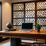 Home 22 주거 형태의 변화가 직장 생활에 미치는 영향 - A modern home office scene set in a typical urban Pakistani apartment, featuring a young professiona...